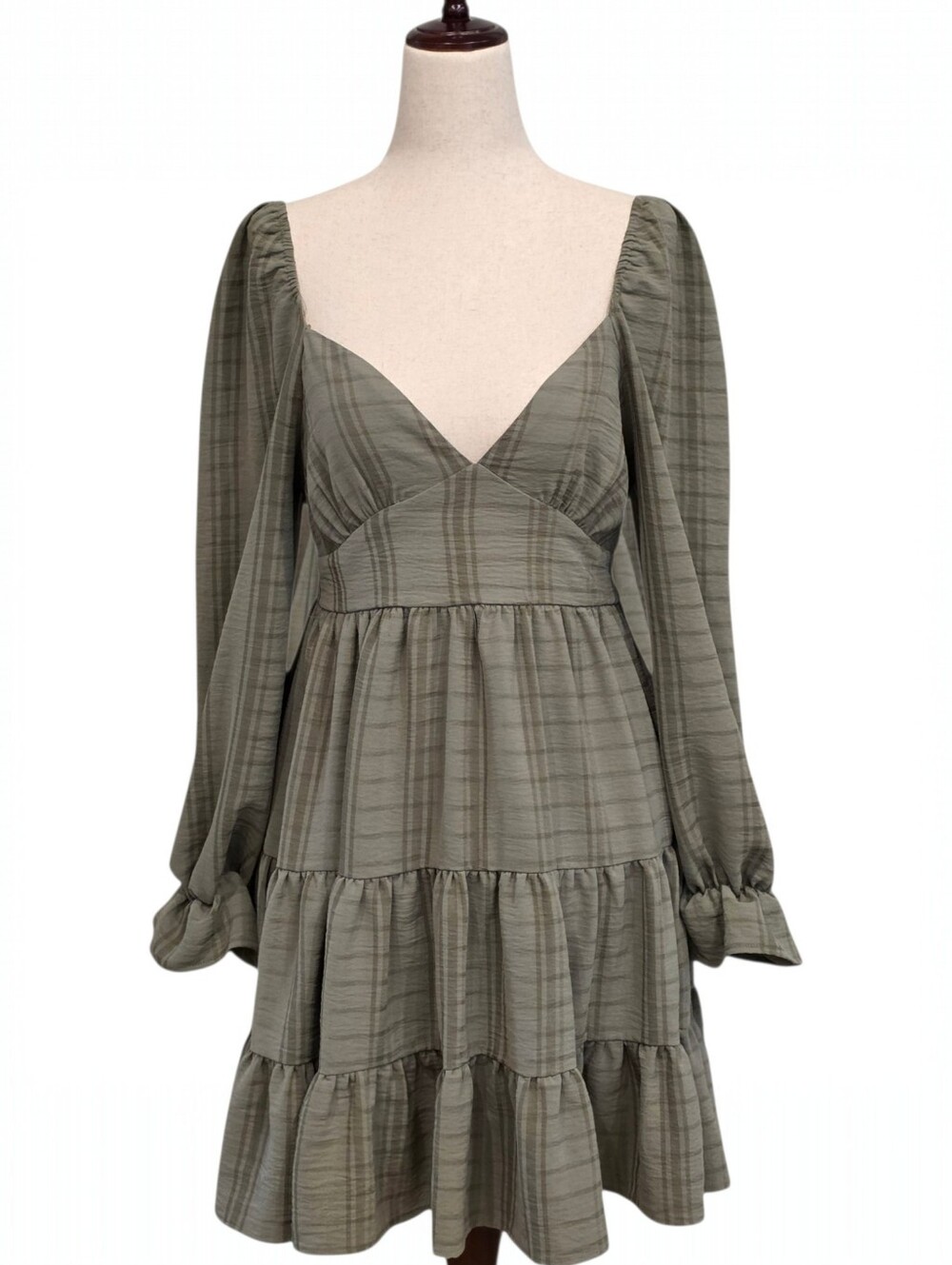 Altar'd State Natalie Plaid Tiered Mini Dress in Vetiver / Sage Green - Picture 2 of 7